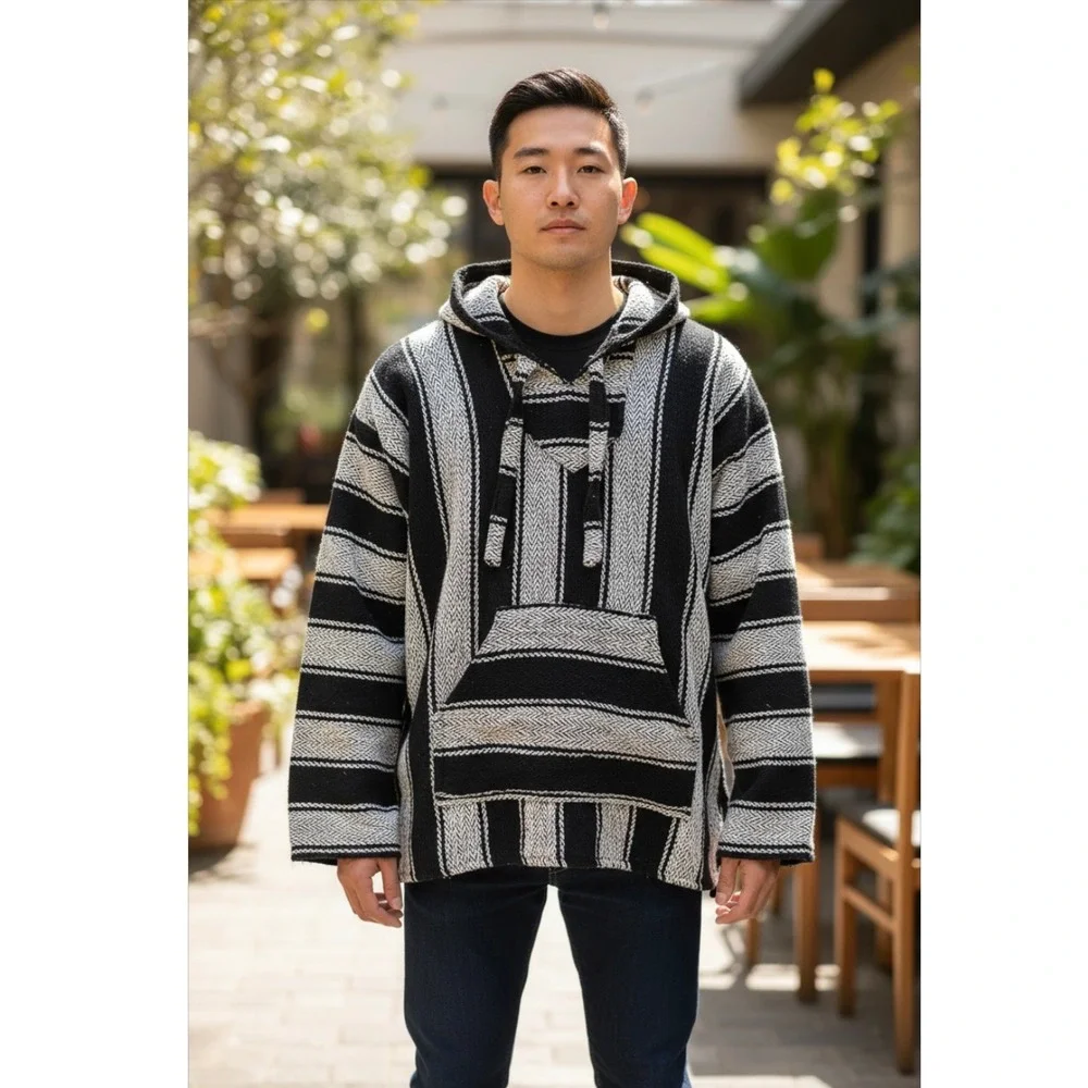 Vintage Style Earth Ragz Baja Hoodie Navy & White Striped Mexican Pullover Small